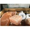 Image 2 : LOT OF ASSORTED SPA SUPPLIES INCLUDING CRATE OF ASSORTED HIMALAYAN SALT ROCK AND GLASS DISPLAY DISH