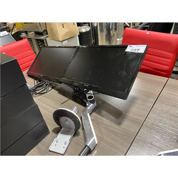 HUMANSCALE DUAL MONITOR ARM WITH 2 ASSORTED COMPUTER MONITORS