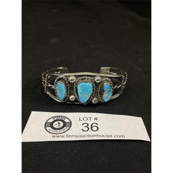  Large Handmade Silver Navajo, Signed Bangle with 3 Genuine Turquois Stones