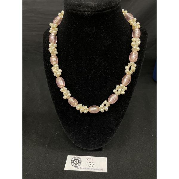 Vintage Genuine Pearl Necklace w/ Pink Glass Beads 18 inch