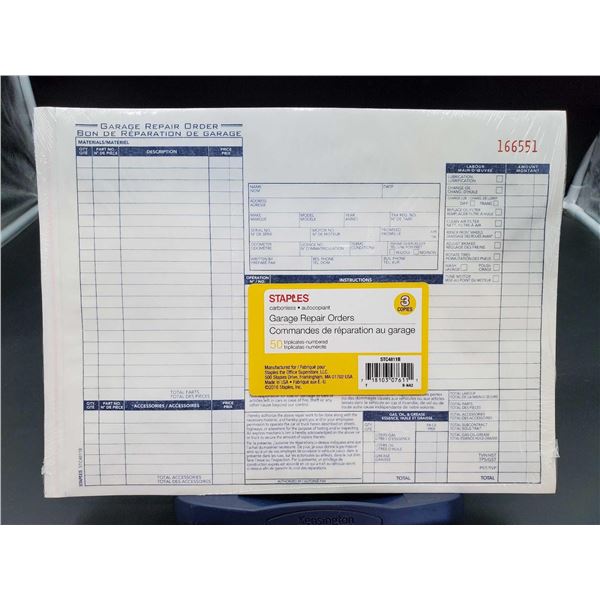 Staples Garage Repair Orders Carbonless, 50 Triplicates-Numbered