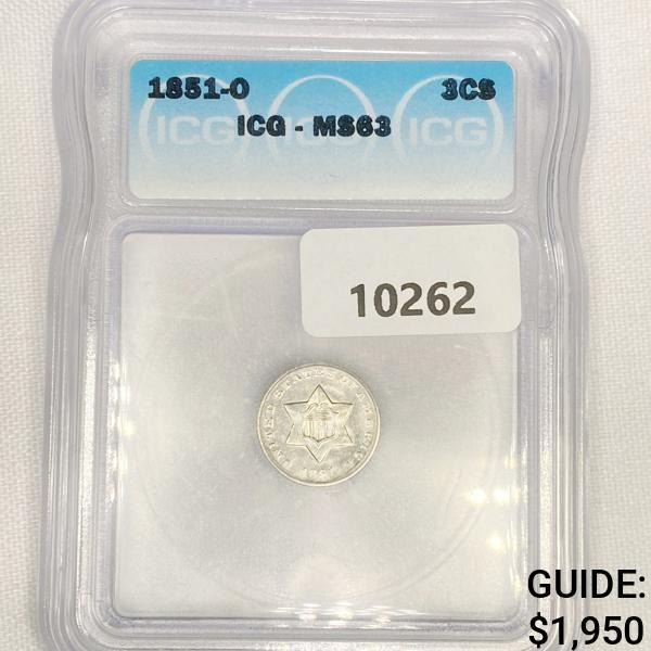1851-O Silver Three Cent ICG-MS63