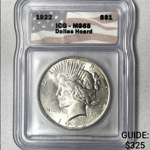 1922 Dallas Hoard Silver Peace Dollar ICG-MS65