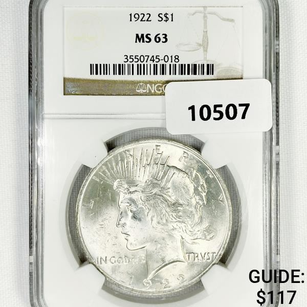 1922 Silver Peace Dollar NGC-MS63