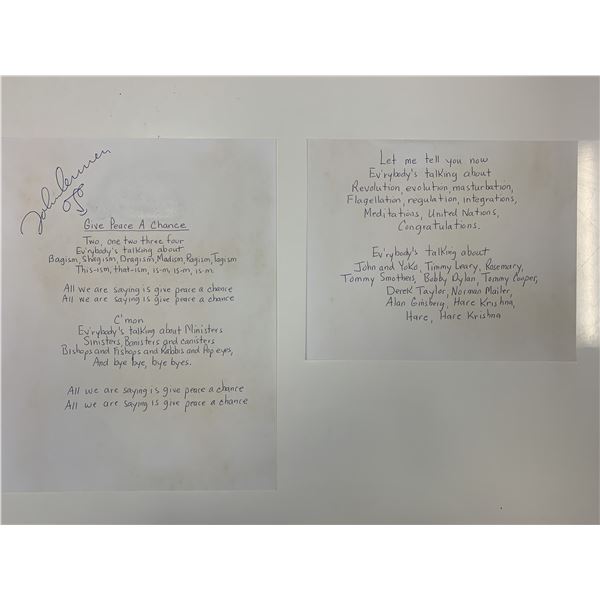 John Lennon Give Peace A Chance signed lyrics. ACE authenticated