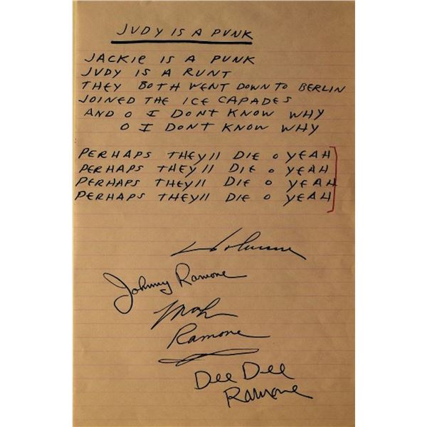 The Ramones Judy Is A Punk original hand written signed lyrics