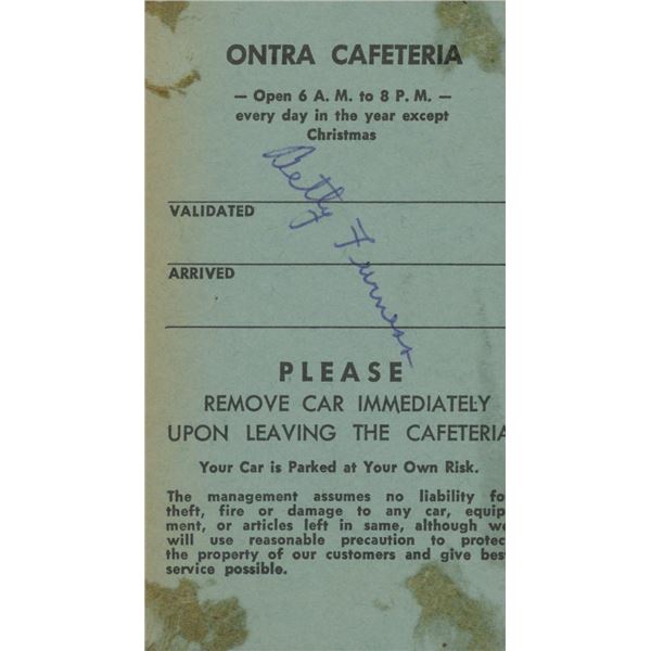 Betty Furness signed valet ticket