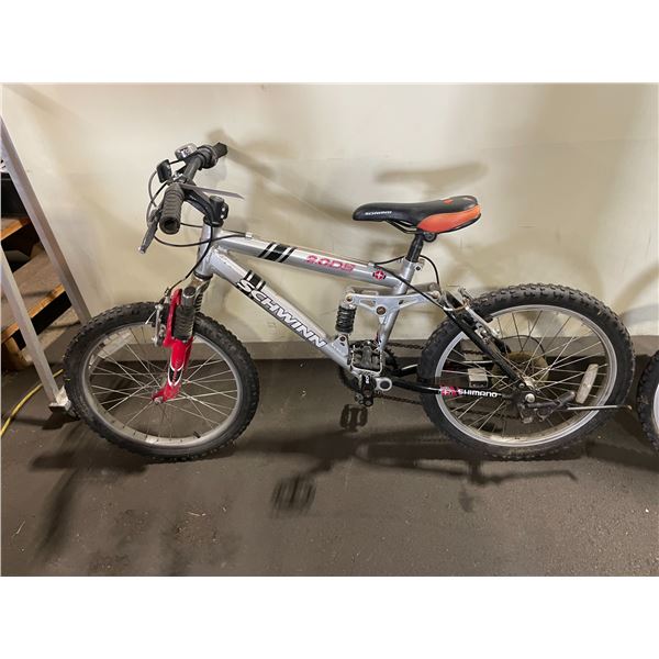 2 BIKES: SCHWINN 20DS SILVER 6 SPEED FULL SUSPENSION CHILDREN'S BIKE & PURPLE VELO 6 SPEED FULL