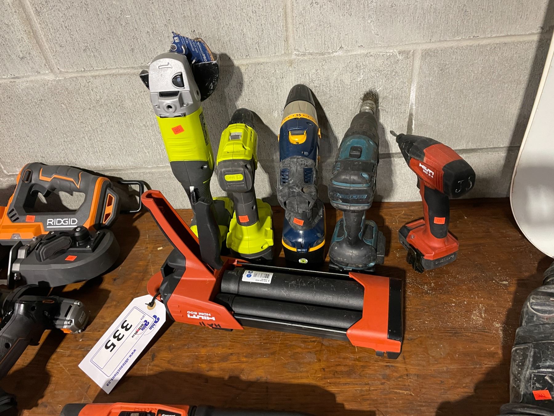 HILTI HDM 500 COMPOUND GUN, RYOBI CORDLESS ANGLE GRINDER WITH BATTERY ...