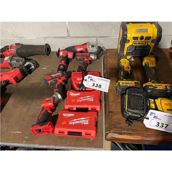 MILWAUKEE ELECTRIC ANGLE GRINDER, 2 MILWAUKEE DRILLS, CORDLESS ZIP CUT TOOL, CORDLESS FLASHLIGHT, 3