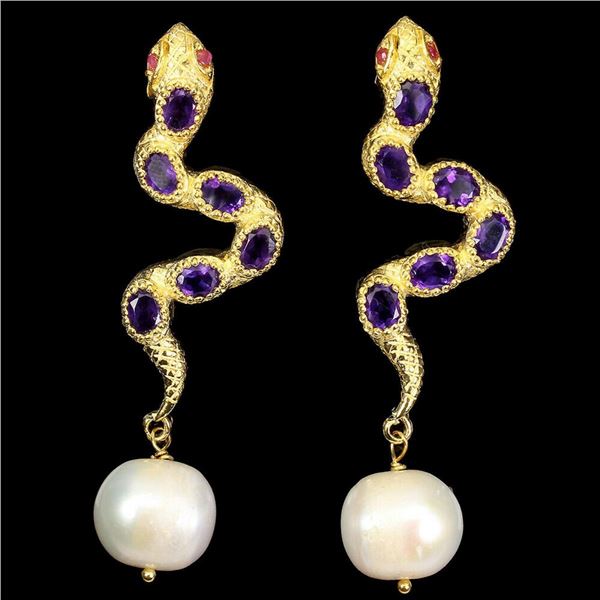 Natural Amethyst Ruby& Pearl Cobra Earrings