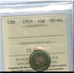 1919 10¢ ICCS MS64.  Attractive dark greenish tone.