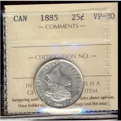 1885 25¢ ICCS VF30. Key date issue full white and attractive.