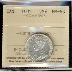 1932 25¢ ICCS MS63.  Very lustrous example with little toning.