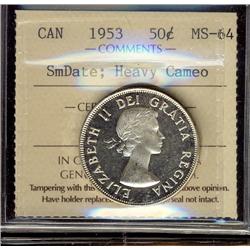 1953 50¢ SmDate ICCS MS64 Heavy Cameo.