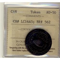 Breton 562 LC-16A3 ICCS AU50.  Rare Molson's token in high grade.