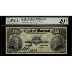 The Bank of Montreal, 1912 $20 #019089 CH-505-52-06. PMG VF20.
