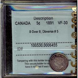 1891 5¢ 8 ov 8 Obv 5 CCCS VF30.