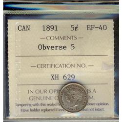 1891 5¢ Obv 5 ICCS EF40.