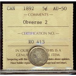 1892 5¢ Obv 2 ICCS AU50.