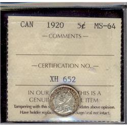 1920 5¢ ICCS MS64.