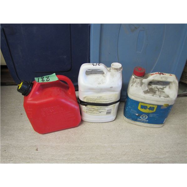 Box with WD40 empty gas can etc