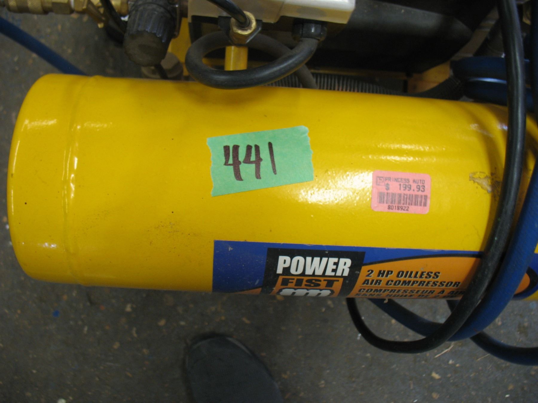 Power fist 2 horsepower oilless air compressor has had wheels added to it
