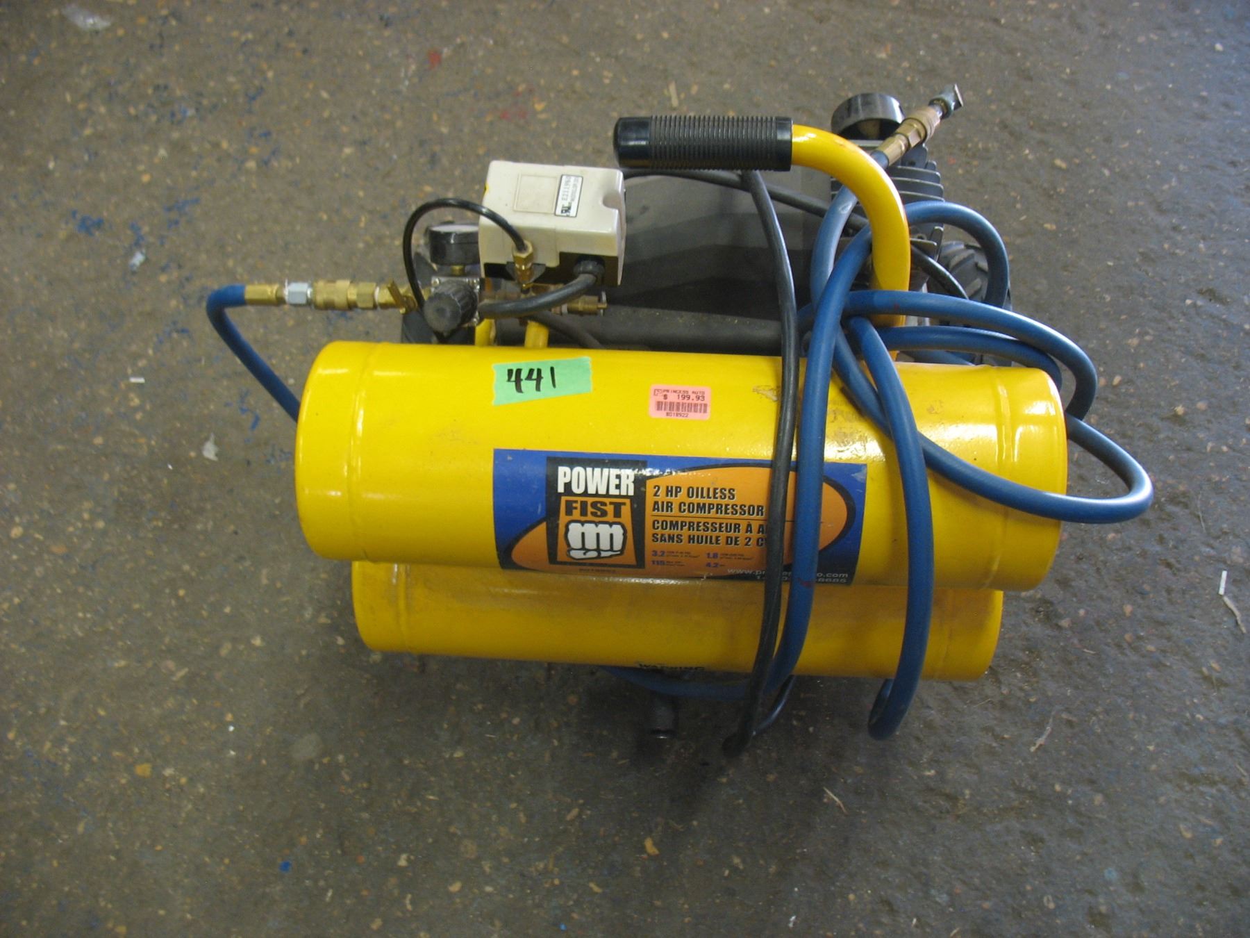 Power fist 2 horsepower oilless air compressor has had wheels added to it
