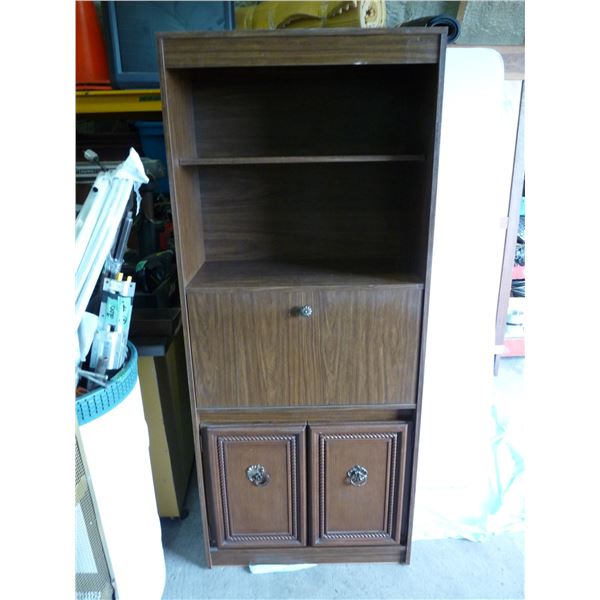 Drop front display storage cabinet