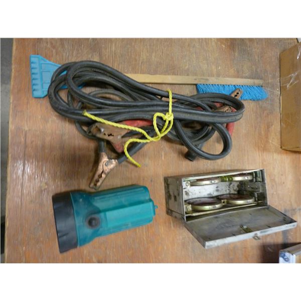 Booster cable; Road flares; flashlight ; Tire repair items