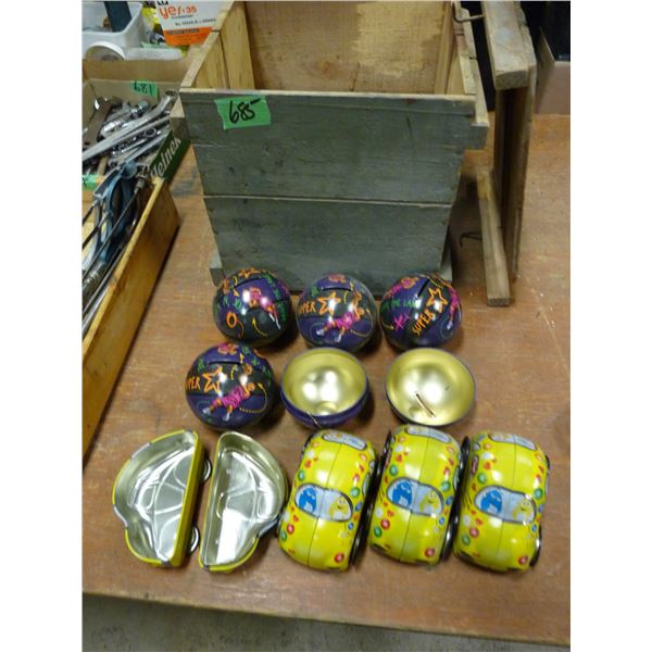wood eggcrate with tin toys