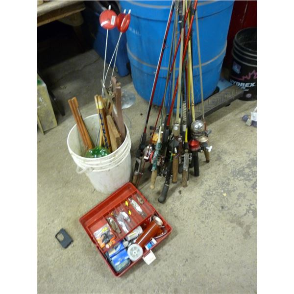 Lot of fishing rods; Tackle etc