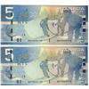 Image 1 : 2006 $5 BC-67a #AOY3020115 & #AOZ3020115.  Lot of 2 UNC notes with same serial n