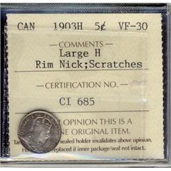 1903H 5¢ Lg H ICCS VF30. Rim nick.