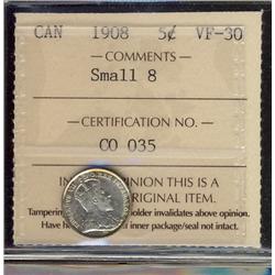 1908 5¢ Sml 8 ICCS VF30.