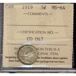 1919 5¢ ICCS MS64.