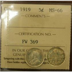 1919 5¢ ICCS MS66.  One of only 2 graded this high, with none higher by ICCS sta