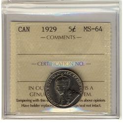 1929 5¢ ICCS MS64.