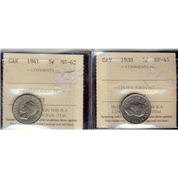 1938 EF45 & 1941 5¢ MS62.  Lot of 2 coins both ICCS graded.