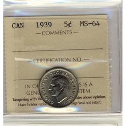 1939 5¢ ICCS MS64.