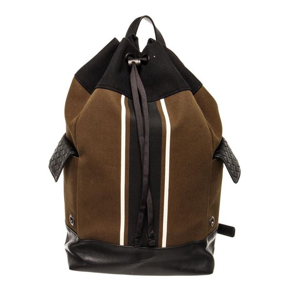 Bottega Veneta Green Canvas Intrecciato Leather Trimmed Striped Drawstring Backp