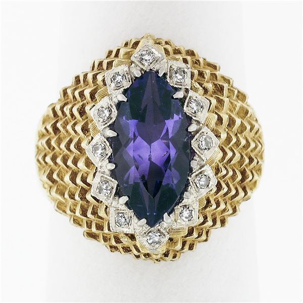 Vintage 18k Gold 1.76 ctw Marquise Amethyst & Round Diamond Halo Textured Ring