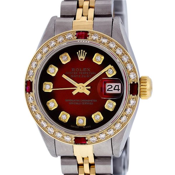Rolex Ladies 2 Tone Red Vignette Diamond & Ruby 26MM Datejust Wristwatch