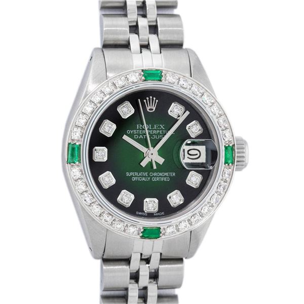 Rolex Ladies Stainless Steel 26MM Green Vignette Diamond Datejust Wristwatch