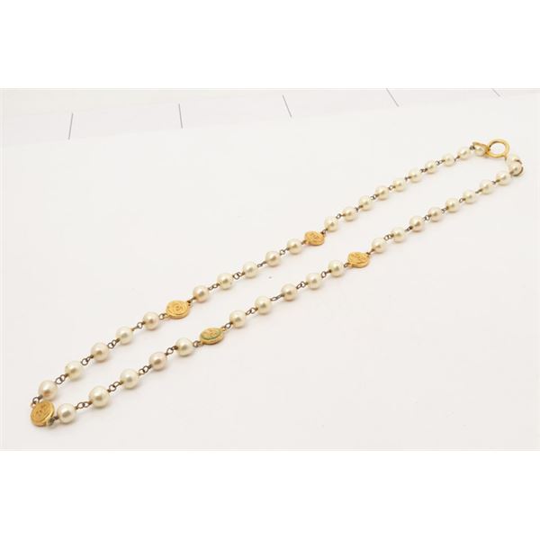 Chanel Gold-tone Metal CC Medallion Faux Pearl Long Chain Necklace