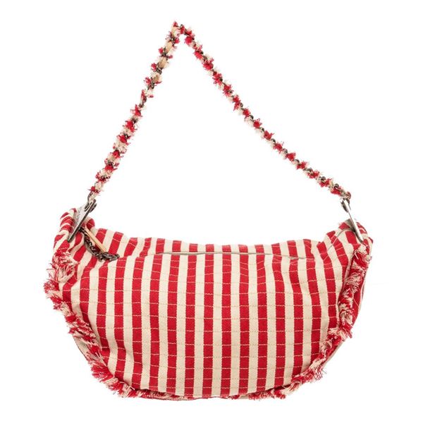Chanel Red White Stripe Canvas Half Moon Shoulder Bag
