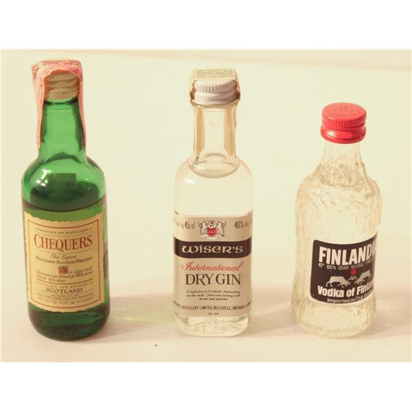 CHEQUERS SCOTCH, WISERS GIN, FINLANDIA VODKA