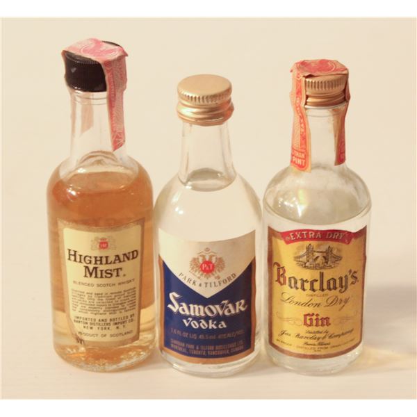 BARCLAYS GIN, HIGHLAND MIST SCOTCH, SAMOVAR VODKA