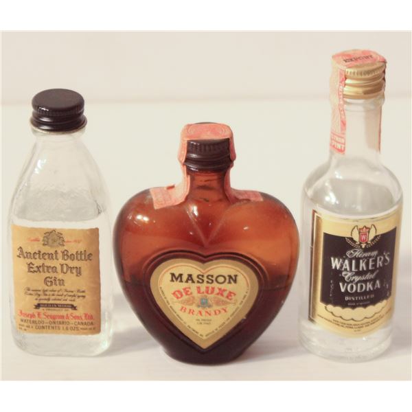 ANCIENT BOTTLE GIN, MASSON BRANDY, WALKERS VODKA