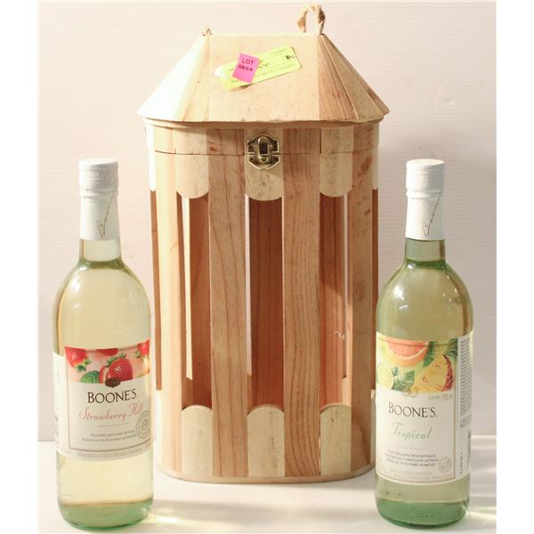 WOODEN WINE BOTTLE HOLDER W/ 2 BOTTLES OF BOONES WINE
